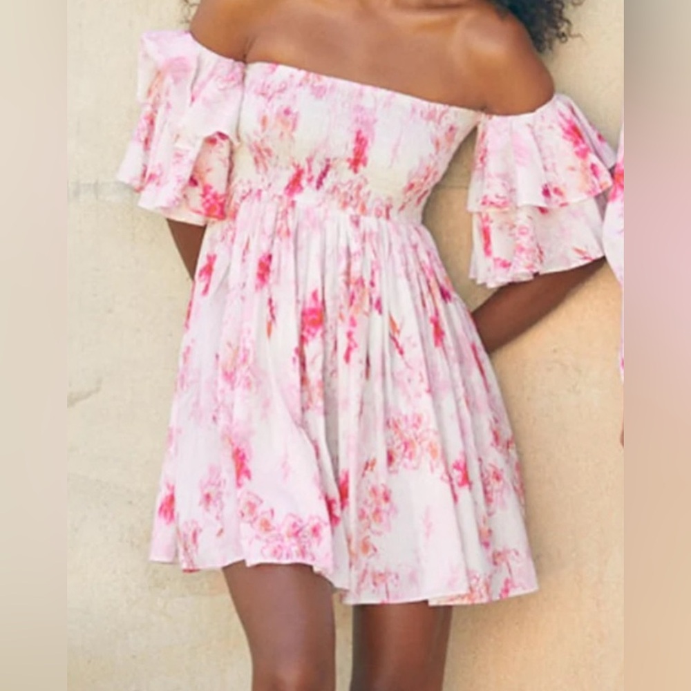 Misa Los Angeles Pink Sundress with Flutter Sleeves and Scoop Neck